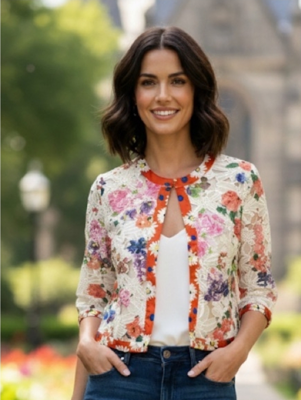 Michael Simon Floral-print Lace Charmeuse Cardigan w/ Contrasting Trim Size XL